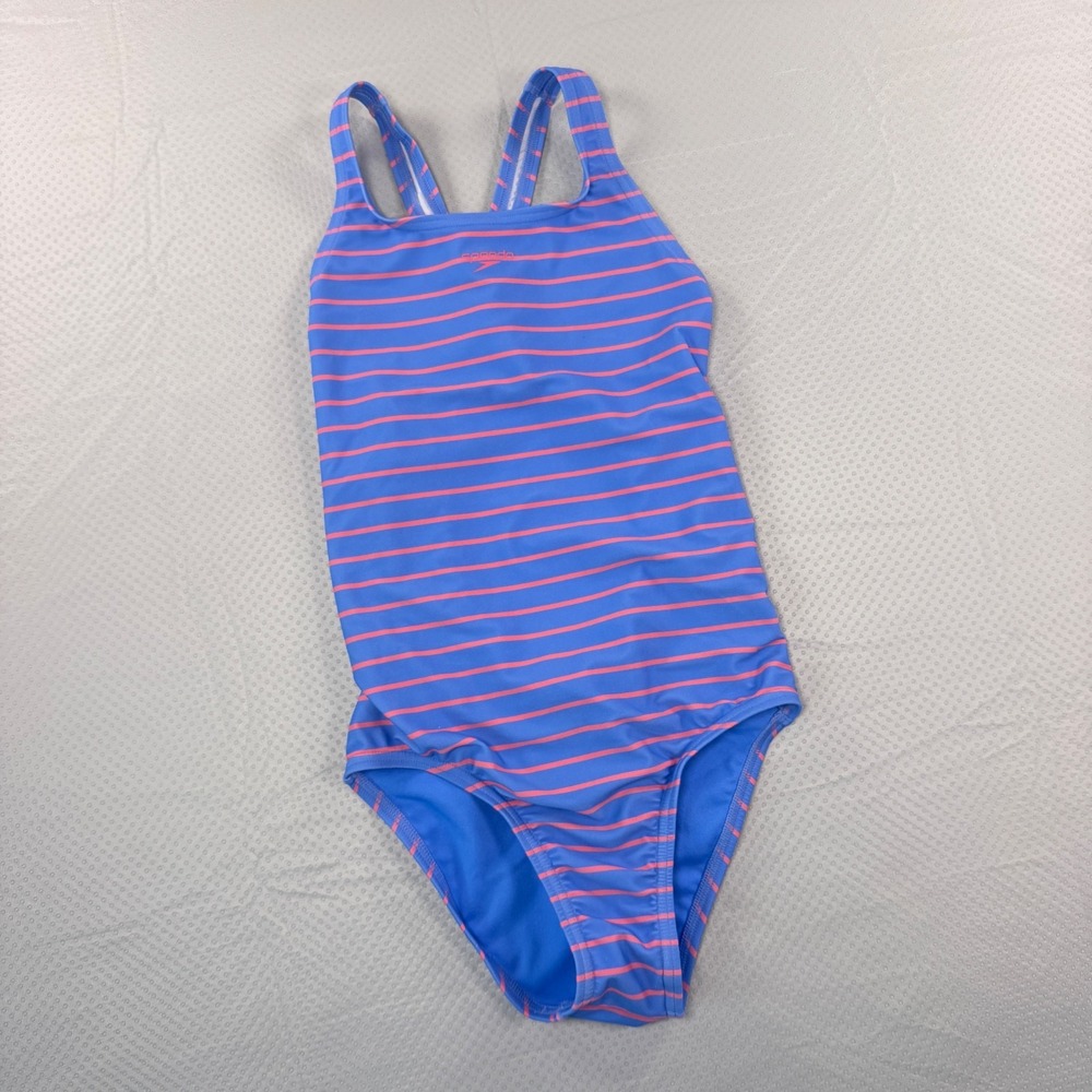 Speedo Girls One Piece Swimsuit Size 14 Blue Pink Striped Athletic Swimwear